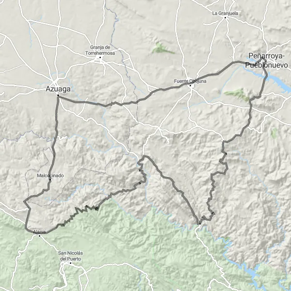 Map miniature of "The Ultimate Gravel Challenge: Malcocinado" cycling inspiration in Andalucía, Spain. Generated by Tarmacs.app cycling route planner