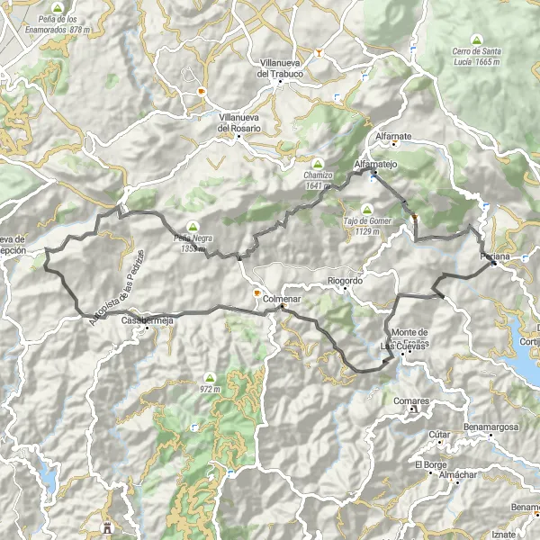 Miniatura della mappa di ispirazione al ciclismo "Avventuroso itinerario tra Periana e Colmenar" nella regione di Andalucía, Spain. Generata da Tarmacs.app, pianificatore di rotte ciclistiche