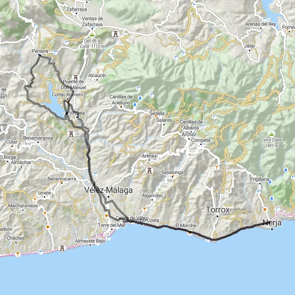 Miniaturní mapa "Cestovní cyklotrasa s výškovým rozdílem 1369 m a vzdáleností 101 km" inspirace pro cyklisty v oblasti Andalucía, Spain. Vytvořeno pomocí plánovače tras Tarmacs.app