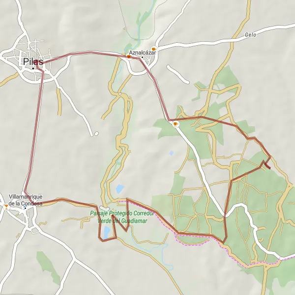 Miniaturní mapa "Výlet po lesních cestách okolo Pilas" inspirace pro cyklisty v oblasti Andalucía, Spain. Vytvořeno pomocí plánovače tras Tarmacs.app