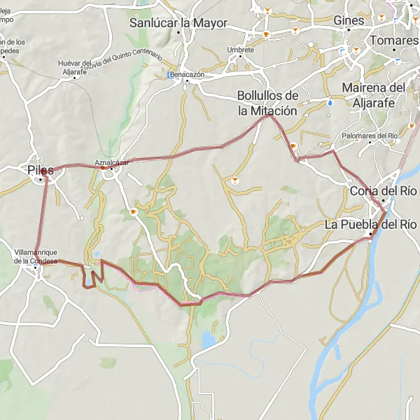 Miniaturní mapa "Gravelová cyklistická trasa Pilas - Aznalcázar - Almensilla - La Puebla del Río - Cañada de los Pajaros - Villamanrique de la Condesa" inspirace pro cyklisty v oblasti Andalucía, Spain. Vytvořeno pomocí plánovače tras Tarmacs.app