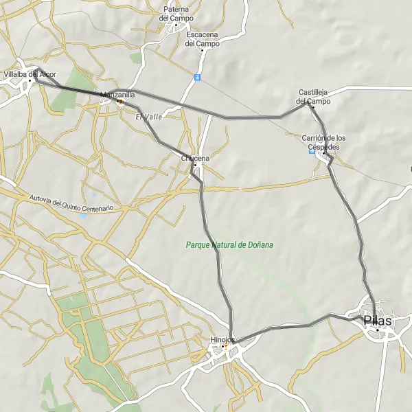 Miniaturní mapa "Cyklistická trasa Hinojos - Manzanilla - Carrión de los Céspedes - Pilas" inspirace pro cyklisty v oblasti Andalucía, Spain. Vytvořeno pomocí plánovače tras Tarmacs.app