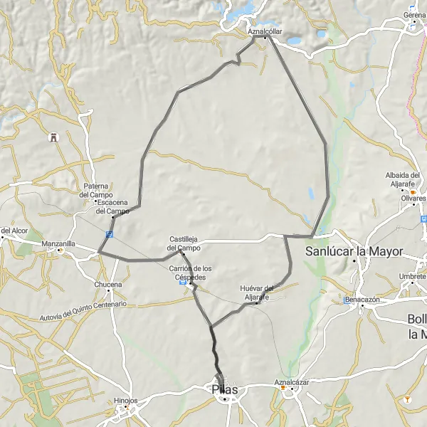 Miniaturní mapa "Cyklistická trasa Carrión de los Céspedes - Escacena del Campo - Aznalcóllar - Huévar del Aljarafe - Pilas" inspirace pro cyklisty v oblasti Andalucía, Spain. Vytvořeno pomocí plánovače tras Tarmacs.app