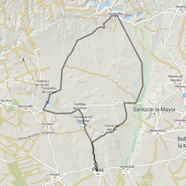 Miniaturní mapa "Okruhová cyklistická trasa od Pilas" inspirace pro cyklisty v oblasti Andalucía, Spain. Vytvořeno pomocí plánovače tras Tarmacs.app