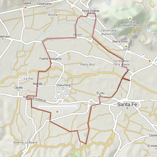 Map miniature of "Gravel adventure near Pinos Puente" cycling inspiration in Andalucía, Spain. Generated by Tarmacs.app cycling route planner