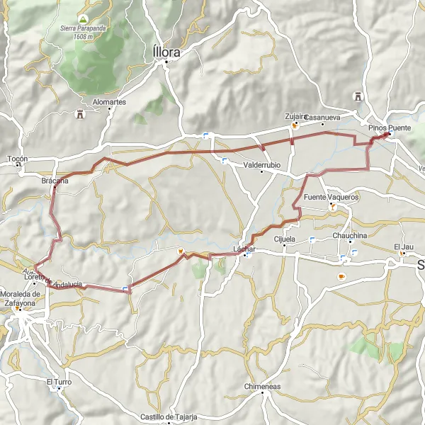 Map miniature of "Scenic gravel ride near Pinos Puente" cycling inspiration in Andalucía, Spain. Generated by Tarmacs.app cycling route planner