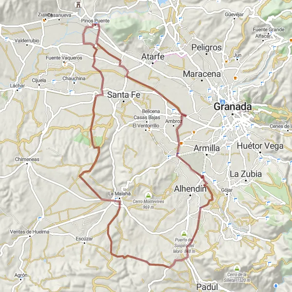 Map miniature of "Challenging gravel route from Pinos Puente" cycling inspiration in Andalucía, Spain. Generated by Tarmacs.app cycling route planner