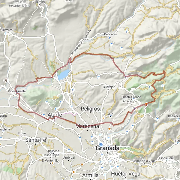 Map miniature of "Gravel Discovery near Pinos Puente" cycling inspiration in Andalucía, Spain. Generated by Tarmacs.app cycling route planner