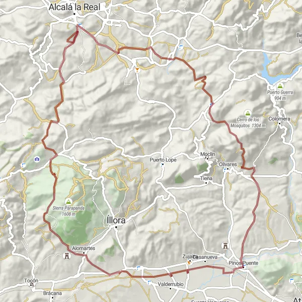 Miniatuurkaart van de fietsinspiratie "Graveltocht naar Tózar" in Andalucía, Spain. Gemaakt door de Tarmacs.app fietsrouteplanner