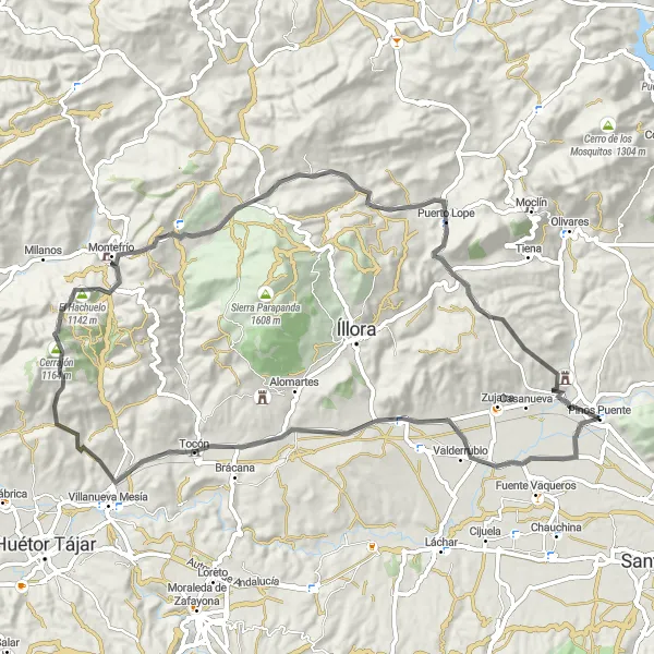 Miniatura della mappa di ispirazione al ciclismo "Il Giro dei Villaggi di Granada" nella regione di Andalucía, Spain. Generata da Tarmacs.app, pianificatore di rotte ciclistiche