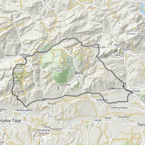 Map miniature of "Through Andalucía's Natural Beauty" cycling inspiration in Andalucía, Spain. Generated by Tarmacs.app cycling route planner