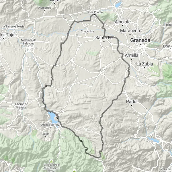 Map miniature of "From Mountains to Lakes" cycling inspiration in Andalucía, Spain. Generated by Tarmacs.app cycling route planner