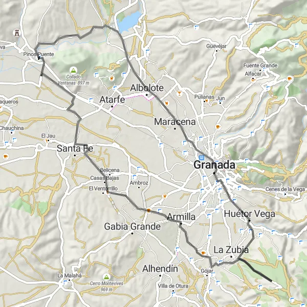 Map miniature of "Route around Pinos Puente" cycling inspiration in Andalucía, Spain. Generated by Tarmacs.app cycling route planner