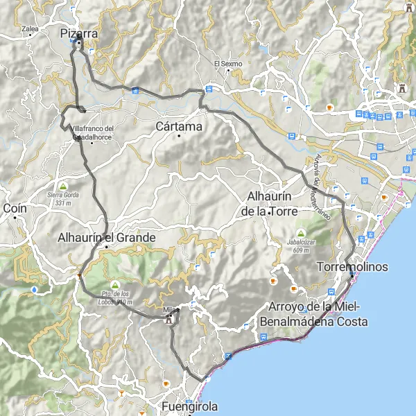Miniatura mapy "Trasa dość wyjątkowa - Pizarra i dokoła" - trasy rowerowej w Andalucía, Spain. Wygenerowane przez planer tras rowerowych Tarmacs.app