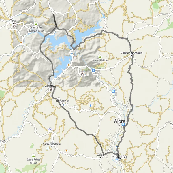 Miniature de la carte de l'inspiration cycliste "Les Collines de Álora" dans la Andalucía, Spain. Générée par le planificateur d'itinéraire cycliste Tarmacs.app