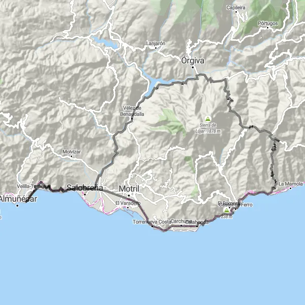 Miniature de la carte de l'inspiration cycliste "Les Trois Sommets" dans la Andalucía, Spain. Générée par le planificateur d'itinéraire cycliste Tarmacs.app