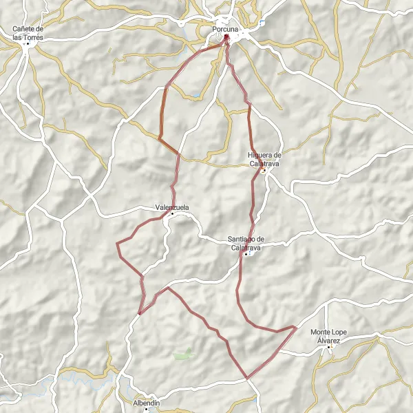 Miniaturní mapa "Trasa Gravel Porcuna - Santiago de Calatrava - Valenzuela - Arco de la Villa" inspirace pro cyklisty v oblasti Andalucía, Spain. Vytvořeno pomocí plánovače tras Tarmacs.app