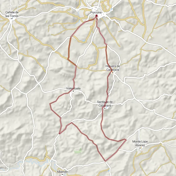 Map miniature of "Porcuna Gravel Adventure" cycling inspiration in Andalucía, Spain. Generated by Tarmacs.app cycling route planner