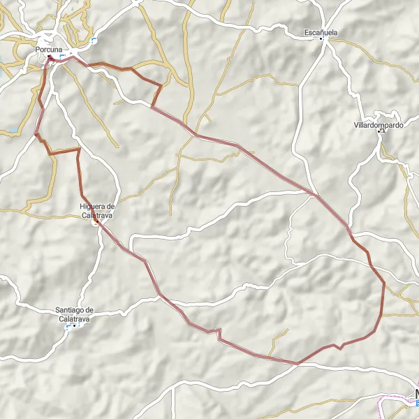 Miniaturní mapa "Trasa přes Higuera de Calatrava" inspirace pro cyklisty v oblasti Andalucía, Spain. Vytvořeno pomocí plánovače tras Tarmacs.app