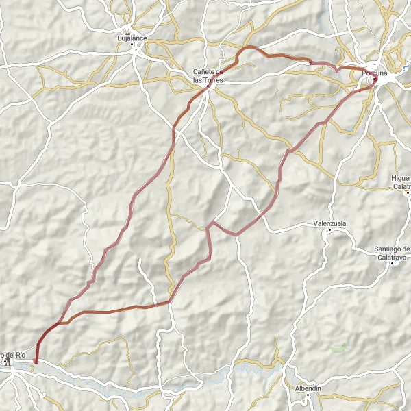 Miniatura della mappa di ispirazione al ciclismo "Ciclovia Gravel di Porcuna" nella regione di Andalucía, Spain. Generata da Tarmacs.app, pianificatore di rotte ciclistiche