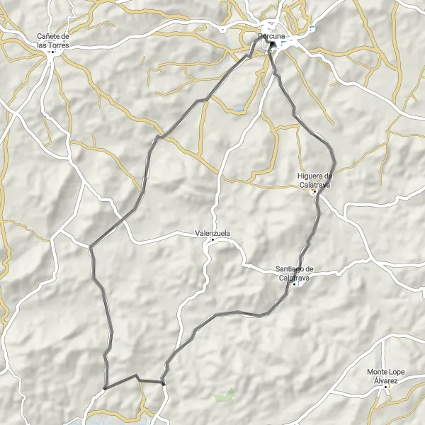Miniaturní mapa "Cyklistická trasa okolo Porcuny" inspirace pro cyklisty v oblasti Andalucía, Spain. Vytvořeno pomocí plánovače tras Tarmacs.app