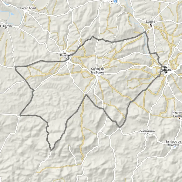 Karten-Miniaturansicht der Radinspiration "Rundtour von Porcuna nach Bujalance" in Andalucía, Spain. Erstellt vom Tarmacs.app-Routenplaner für Radtouren