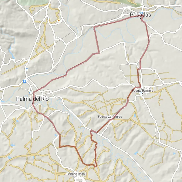 Miniatura della mappa di ispirazione al ciclismo "Esplorazione in mountain bike tra Posadas e Palma del Río" nella regione di Andalucía, Spain. Generata da Tarmacs.app, pianificatore di rotte ciclistiche