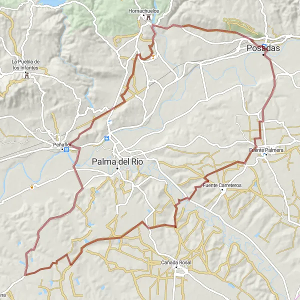 Map miniature of "The Gravel Adventure - Posadas to Castillo de Hornachuelos" cycling inspiration in Andalucía, Spain. Generated by Tarmacs.app cycling route planner