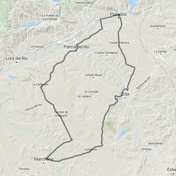 Miniaturní mapa "Okruh skrze Écija a Marchena" inspirace pro cyklisty v oblasti Andalucía, Spain. Vytvořeno pomocí plánovače tras Tarmacs.app
