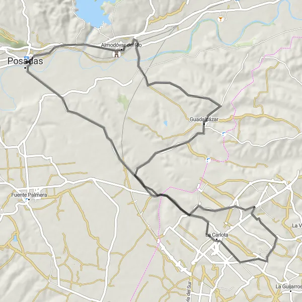 Miniature de la carte de l'inspiration cycliste "Route de Posadas à La Carlota" dans la Andalucía, Spain. Générée par le planificateur d'itinéraire cycliste Tarmacs.app