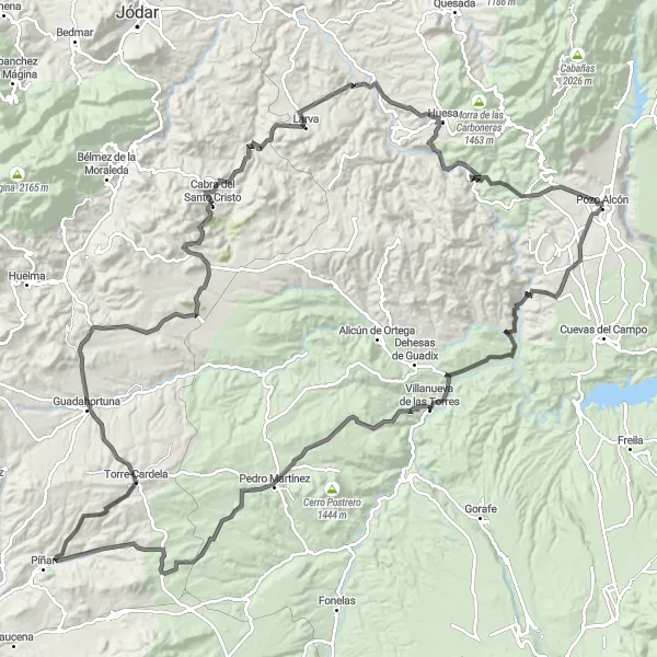 Miniature de la carte de l'inspiration cycliste "La Route des Cerros" dans la Andalucía, Spain. Générée par le planificateur d'itinéraire cycliste Tarmacs.app