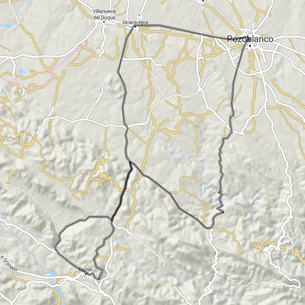 Map miniature of "The Espiel Road Challenge" cycling inspiration in Andalucía, Spain. Generated by Tarmacs.app cycling route planner
