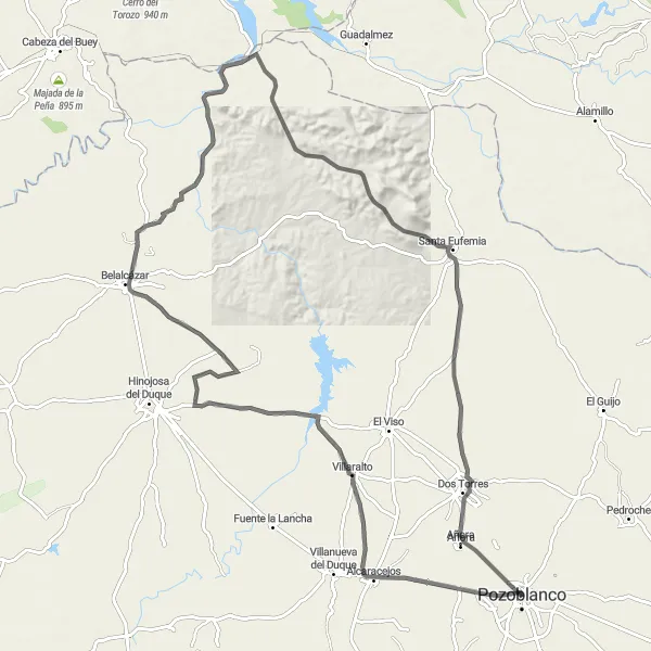 Map miniature of "Loop through Córdoba province" cycling inspiration in Andalucía, Spain. Generated by Tarmacs.app cycling route planner