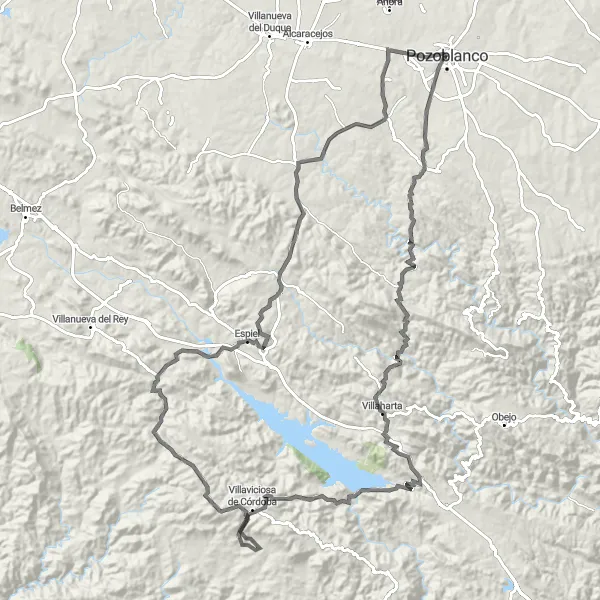 Miniaturní mapa "Cyklistická cesta Pozoblanco - Villaharta - Villaviciosa de Córdoba - Espiel" inspirace pro cyklisty v oblasti Andalucía, Spain. Vytvořeno pomocí plánovače tras Tarmacs.app