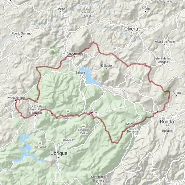 Miniatuurkaart van de fietsinspiratie "Gravel avontuur door Algodonales en Montejaque" in Andalucía, Spain. Gemaakt door de Tarmacs.app fietsrouteplanner