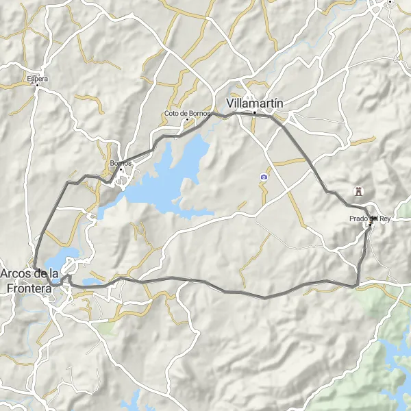 Miniatuurkaart van de fietsinspiratie "Scenic route van 62 km in de buurt van Prado del Rey" in Andalucía, Spain. Gemaakt door de Tarmacs.app fietsrouteplanner