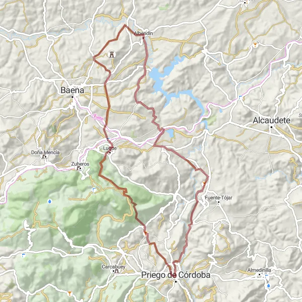 Miniatuurkaart van de fietsinspiratie "Avontuurlijke gravelroute in de omgeving van Priego de Córdoba" in Andalucía, Spain. Gemaakt door de Tarmacs.app fietsrouteplanner