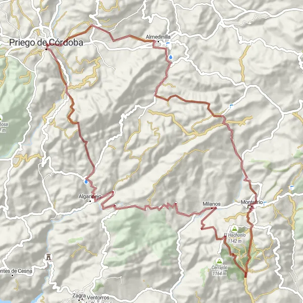 Map miniature of "Priego de Córdoba Gravel Adventure" cycling inspiration in Andalucía, Spain. Generated by Tarmacs.app cycling route planner