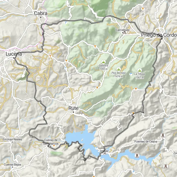 Miniatua del mapa de inspiración ciclista "Ruta de Iznájar y Cuevas de San Marcos" en Andalucía, Spain. Generado por Tarmacs.app planificador de rutas ciclistas