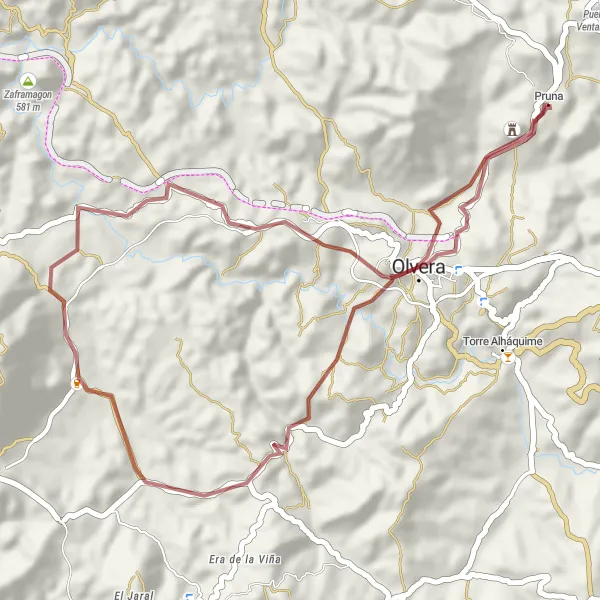 Miniatuurkaart van de fietsinspiratie "Offroad avontuur door de regio Pruna" in Andalucía, Spain. Gemaakt door de Tarmacs.app fietsrouteplanner