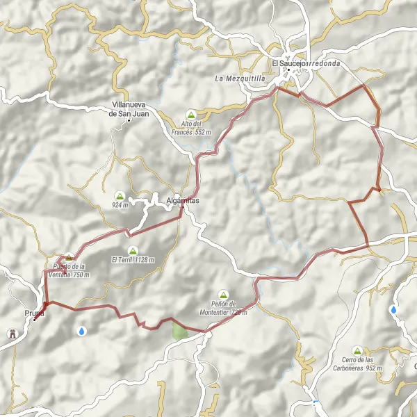 Miniature de la carte de l'inspiration cycliste "Parcours mystérieux à partir de Pruna" dans la Andalucía, Spain. Générée par le planificateur d'itinéraire cycliste Tarmacs.app