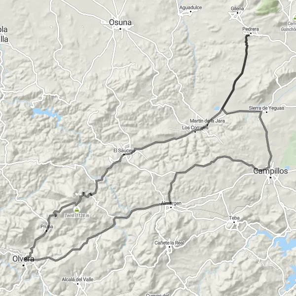 Miniaturní mapa "Cyklotrasa kola silnice kolem Pruny" inspirace pro cyklisty v oblasti Andalucía, Spain. Vytvořeno pomocí plánovače tras Tarmacs.app