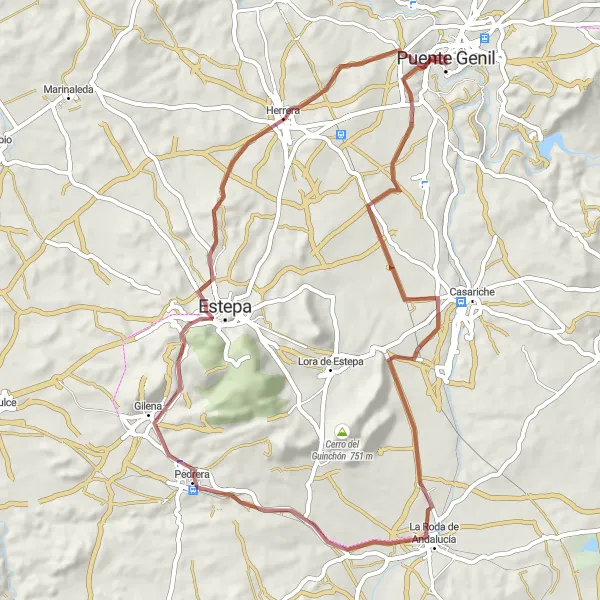 Miniature de la carte de l'inspiration cycliste "Boucle de Vélo Gravel autour de Puente Genil" dans la Andalucía, Spain. Générée par le planificateur d'itinéraire cycliste Tarmacs.app