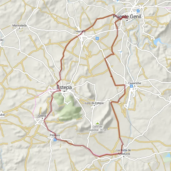 Miniatuurkaart van de fietsinspiratie "Gravelroute rond Puente-Genil" in Andalucía, Spain. Gemaakt door de Tarmacs.app fietsrouteplanner