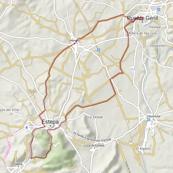 Miniature de la carte de l'inspiration cycliste "Aventure en VTT aux Environs de Puente Genil" dans la Andalucía, Spain. Générée par le planificateur d'itinéraire cycliste Tarmacs.app