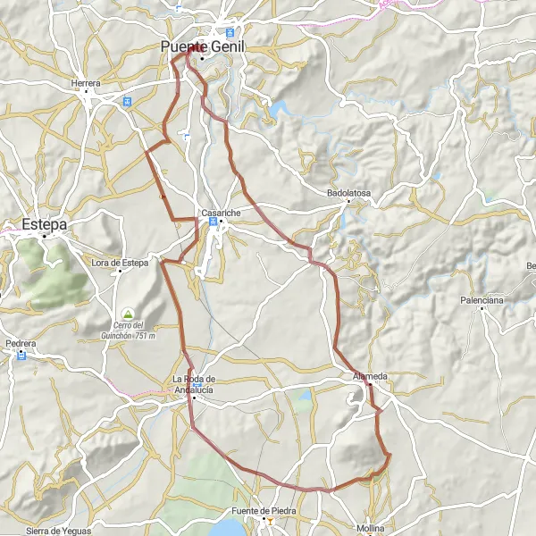 Miniatura della mappa di ispirazione al ciclismo "Tour tra Puente Genil e La Roda de Andalucía" nella regione di Andalucía, Spain. Generata da Tarmacs.app, pianificatore di rotte ciclistiche