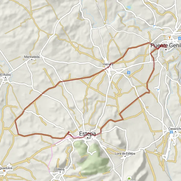 Miniatura della mappa di ispirazione al ciclismo "Giro in bici da Puente-Genil a Herrera" nella regione di Andalucía, Spain. Generata da Tarmacs.app, pianificatore di rotte ciclistiche