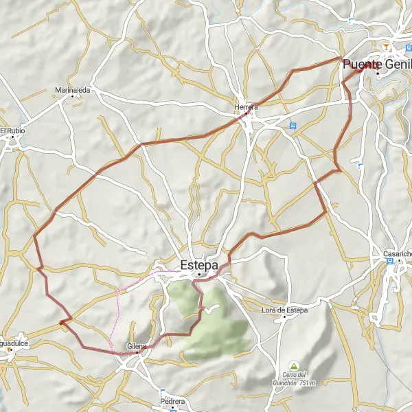 Miniature de la carte de l'inspiration cycliste "Exploration des Routes Gravel à Gilena et Herrera" dans la Andalucía, Spain. Générée par le planificateur d'itinéraire cycliste Tarmacs.app