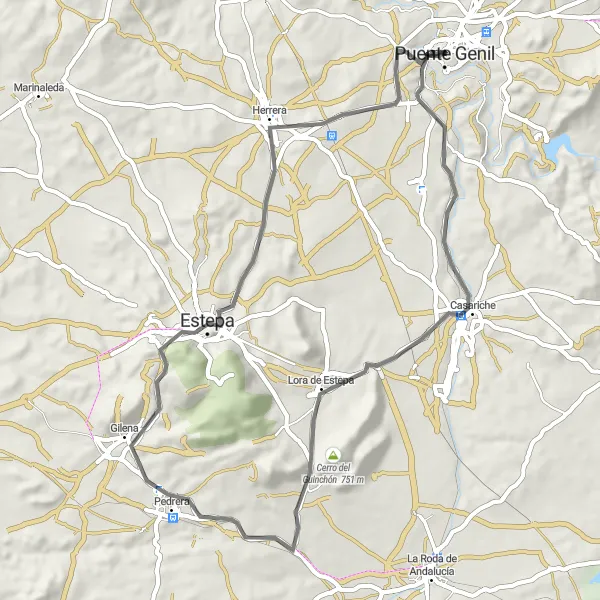 Miniature de la carte de l'inspiration cycliste "Parcours cyclable routier de Puente Genil" dans la Andalucía, Spain. Générée par le planificateur d'itinéraire cycliste Tarmacs.app