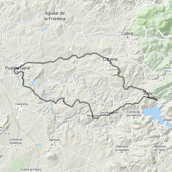 Miniatura della mappa di ispirazione al ciclismo "Giro panoramico tra Navas del Selpillar e Puente Genil" nella regione di Andalucía, Spain. Generata da Tarmacs.app, pianificatore di rotte ciclistiche